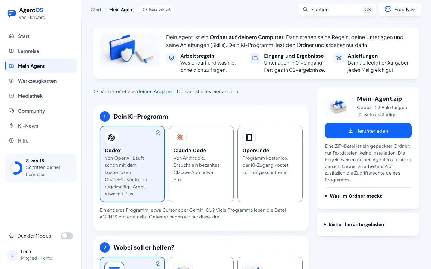 Bildschirmbild: Seite Mein Agent mit Programmwahl und Download-Karte