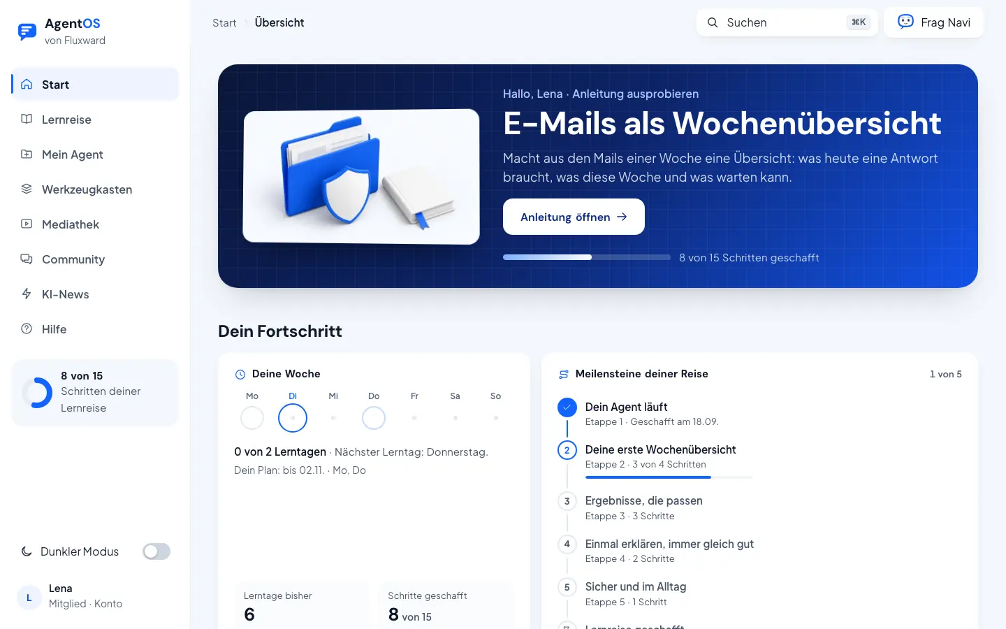 Bildschirmbild: Startseite im Portal mit nächstem Schritt und fester Zeit