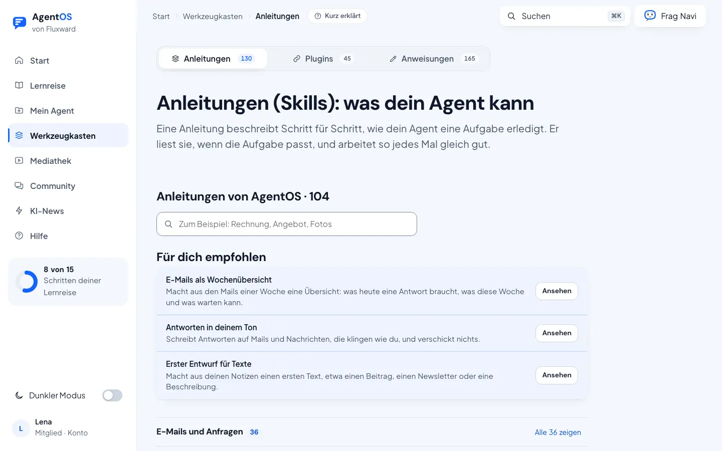 Bildschirmbild: Werkzeugkasten mit den Reitern Anleitungen, Plugins und Anweisungen